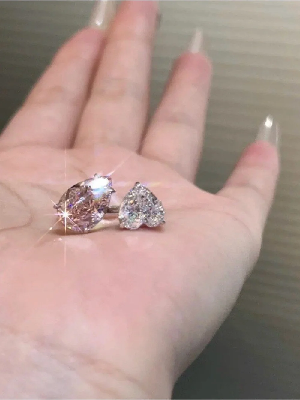 Double Stone Heart & Pear Pink and White Cubic Zirconia Ring